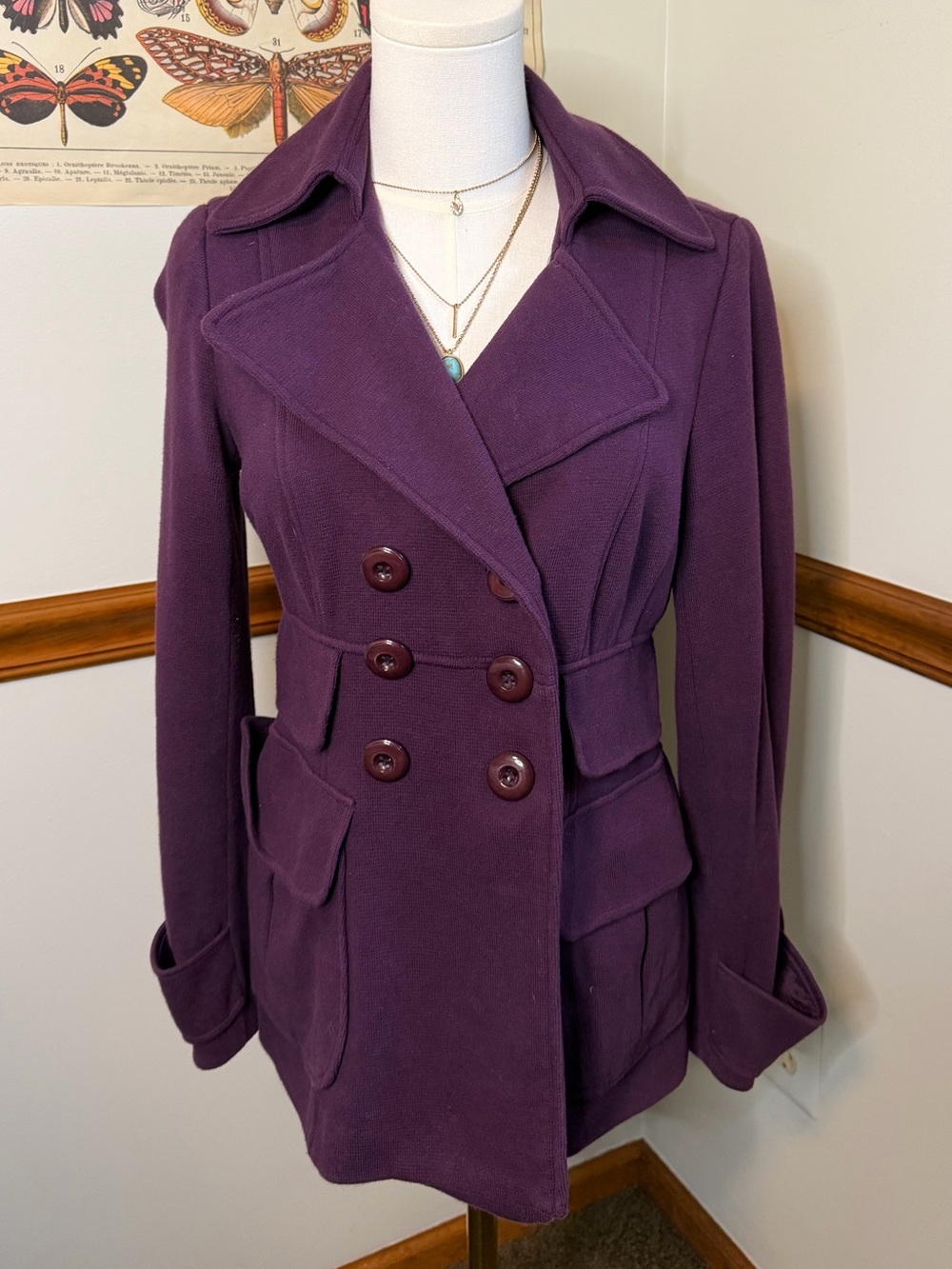 Double-Breasted Peacoat Jacket - Deep Purple size Small